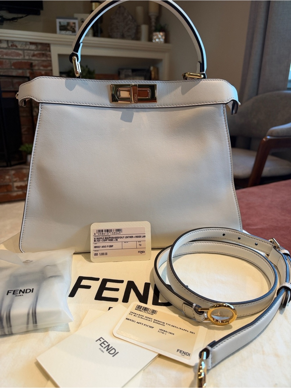 Fendi White Leather Top-Handle Satchel with Gold Hardware
